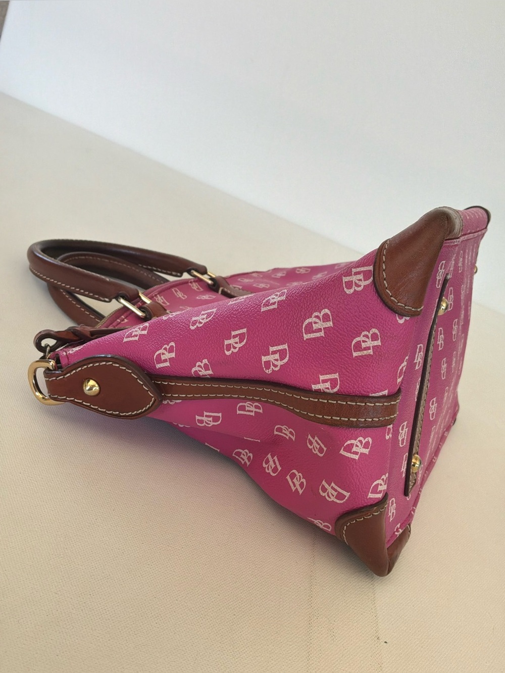 Dooney & Bourke Pink DB Monogram Satchel Top Handle Handbag Purse Leather Trim - Picture 4 of 14